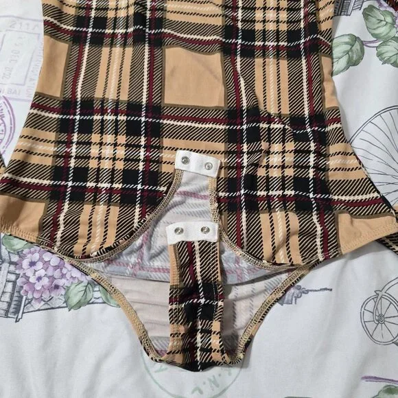Women's CHOCOLATE Striped Plaid Long Sleeve Beige Bodysuit Size M - Picture 5 of 8